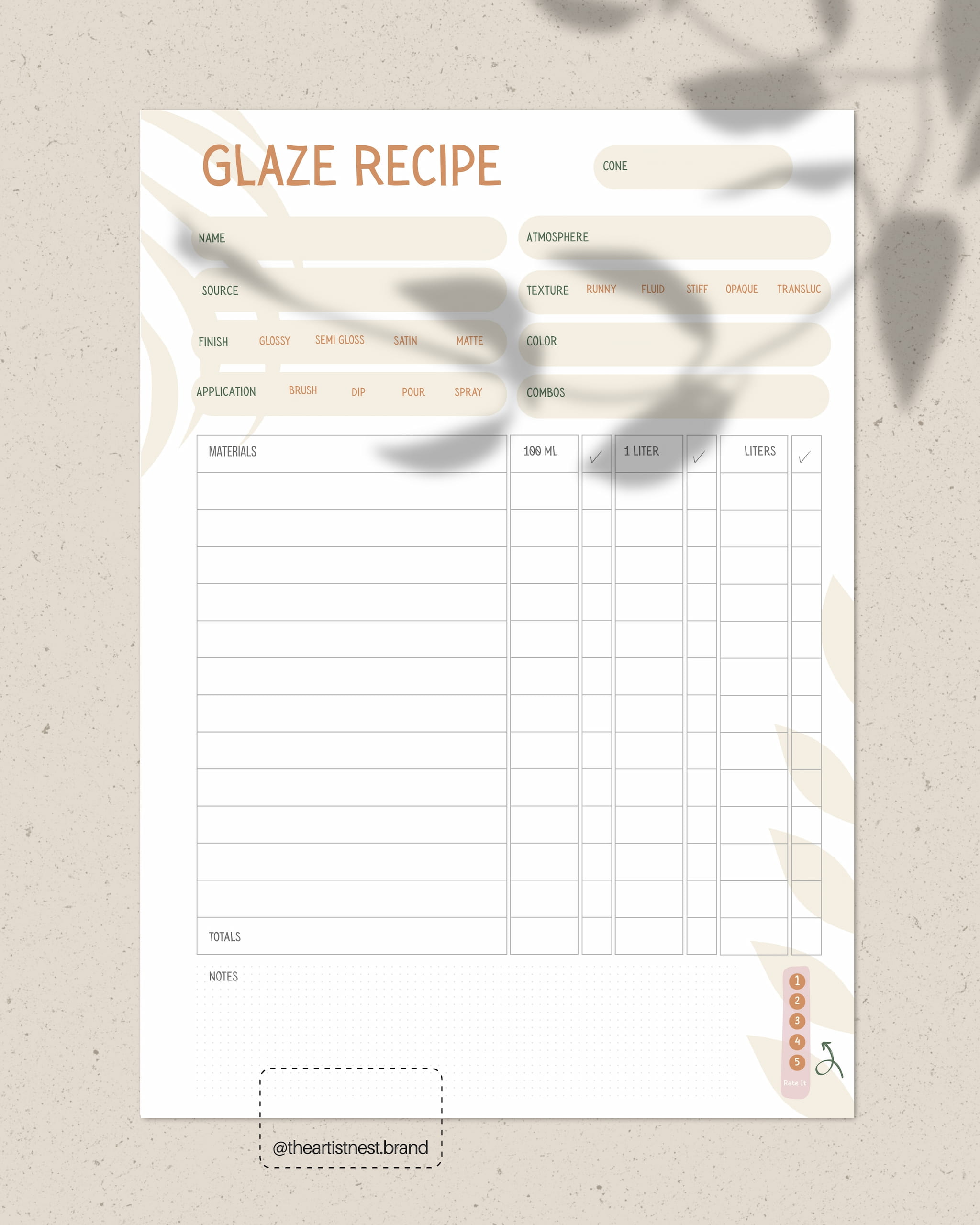 Glaze Recipe Template - Digital Download