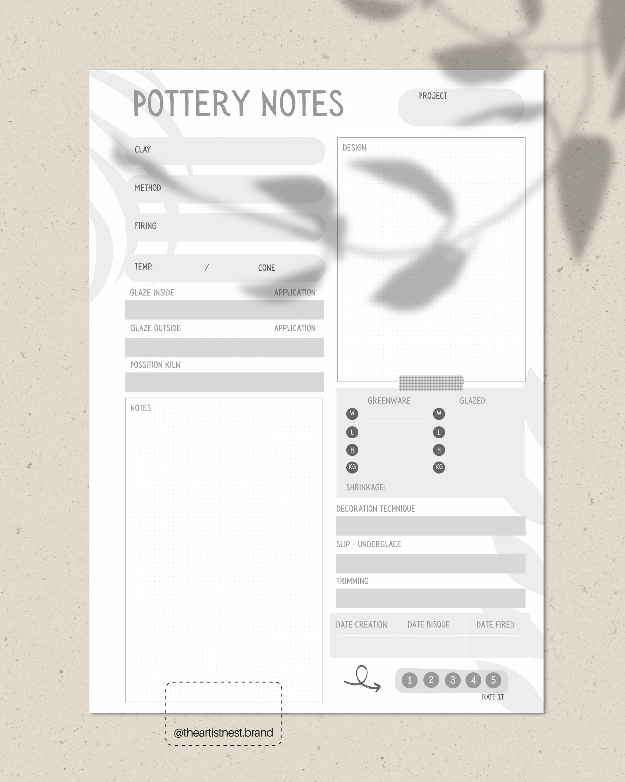 Pottery Notes Template - Digital Download