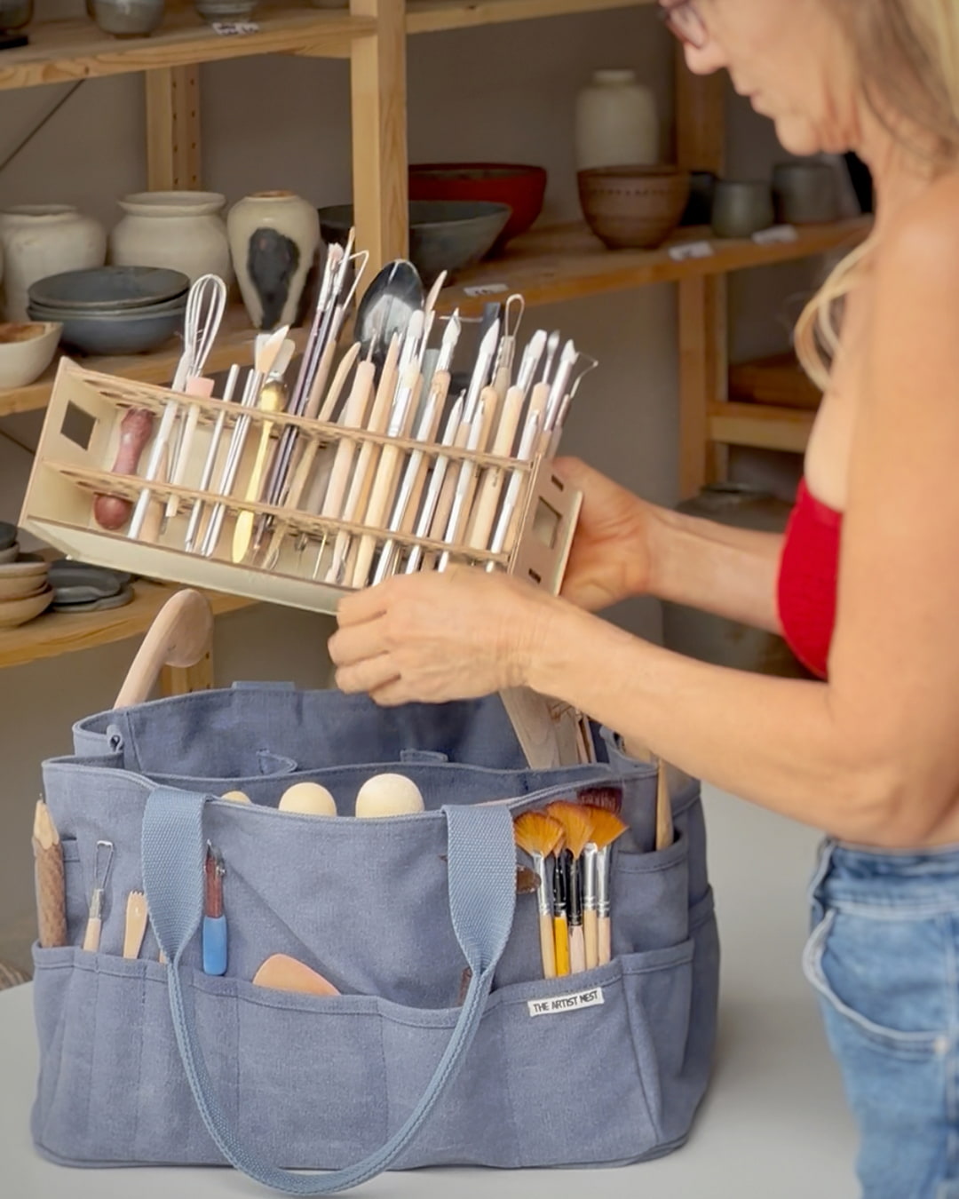 The Pass Blue Pottery Tool Bag | Multi Pocket Canvas Bag Australia