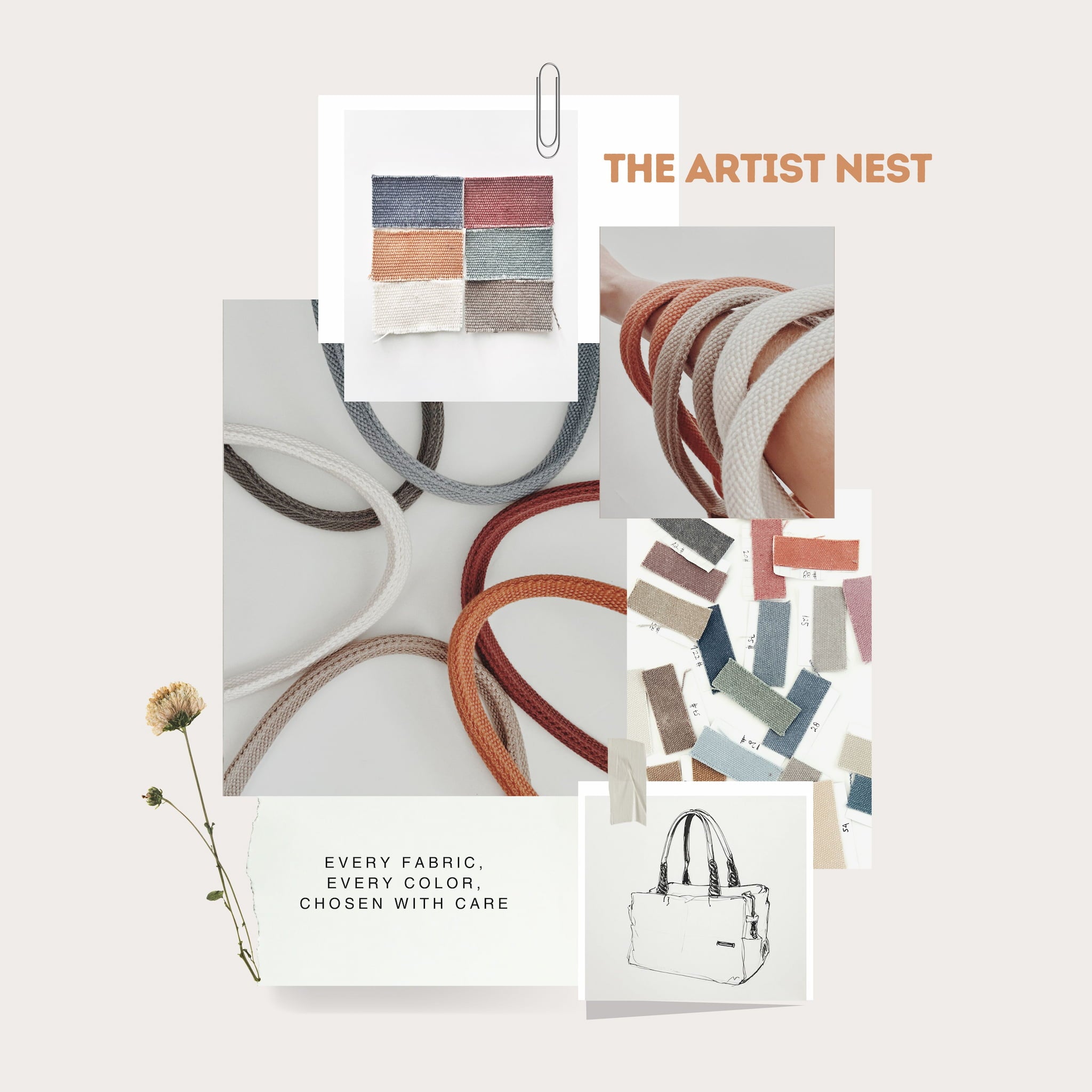 Collage showing the design process of The Artist Bag, including handles, fabric samples, colour swatches, and material testing.