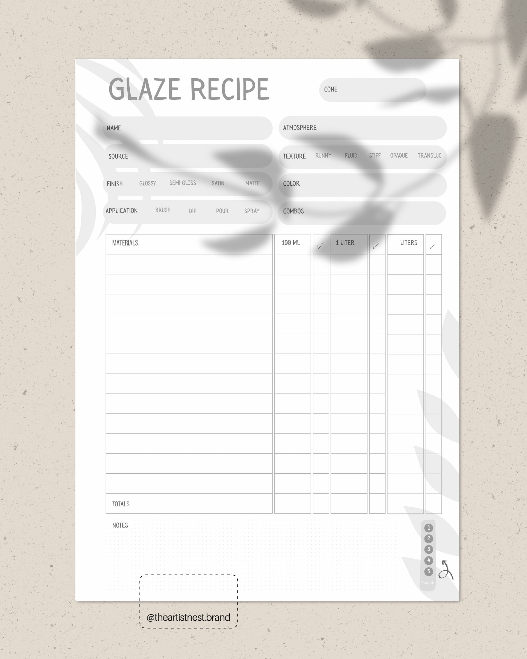 Glaze Recipe Template - Digital Download