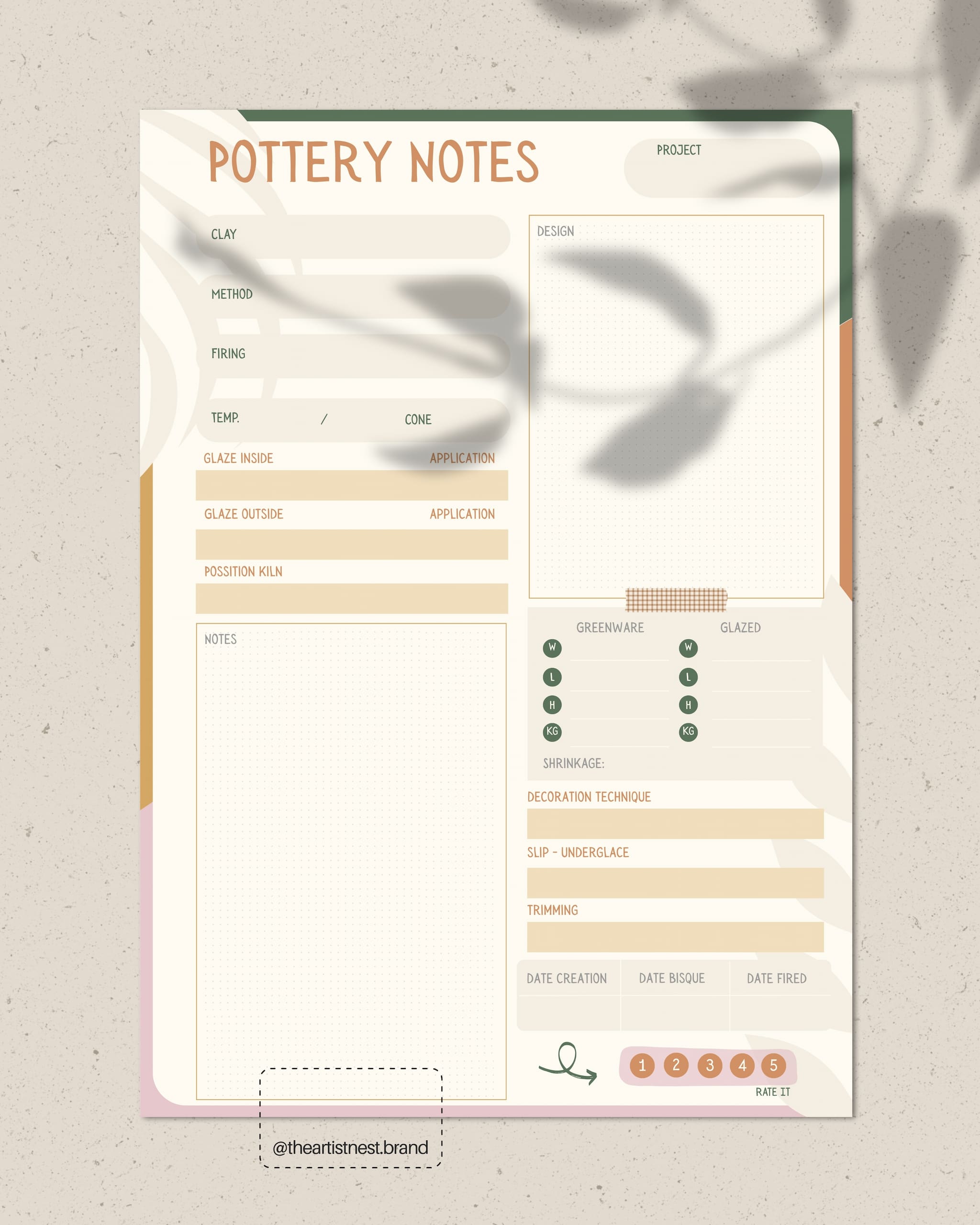 Pottery Notes Template - Digital Download