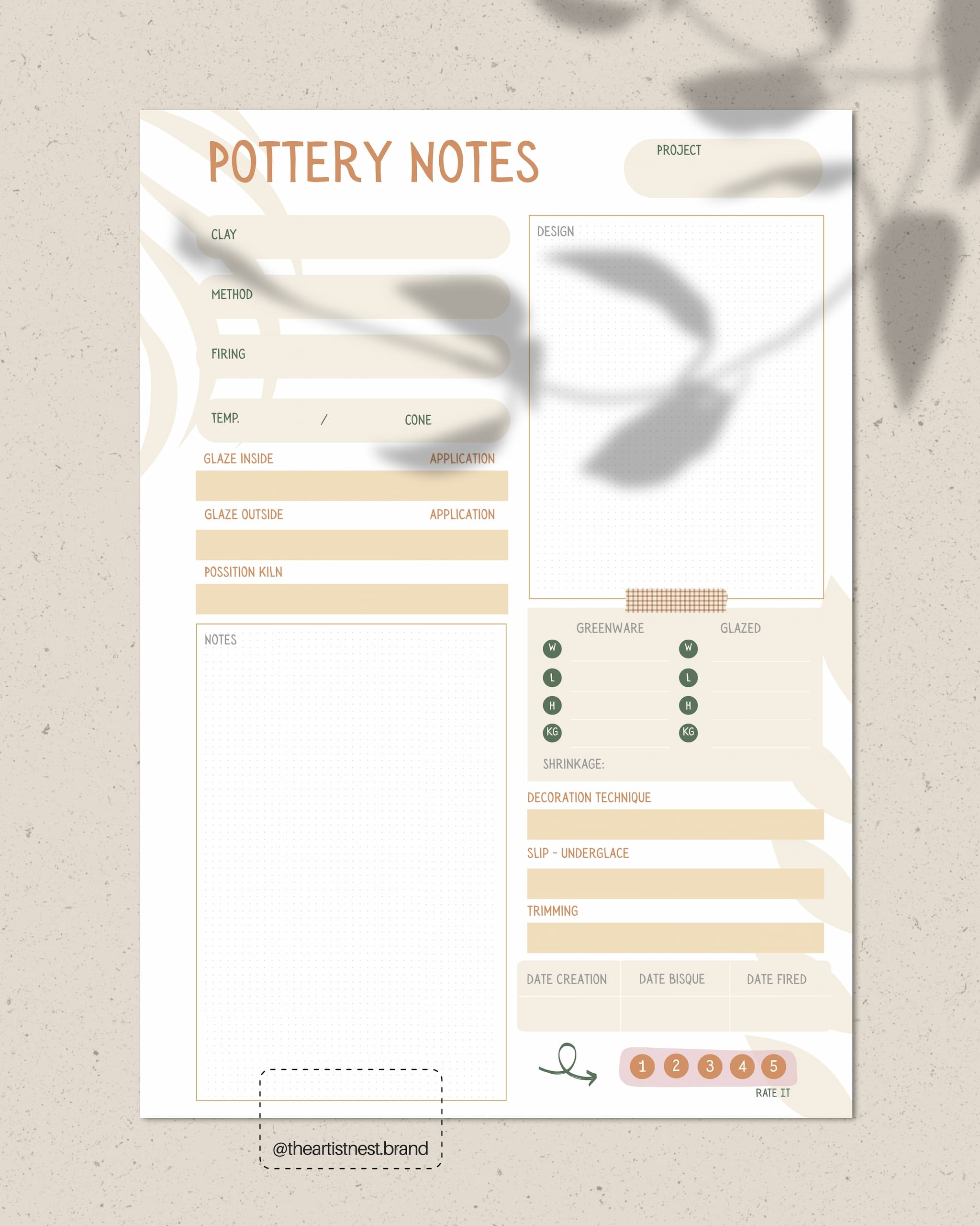 Pottery Notes Template - Digital Download