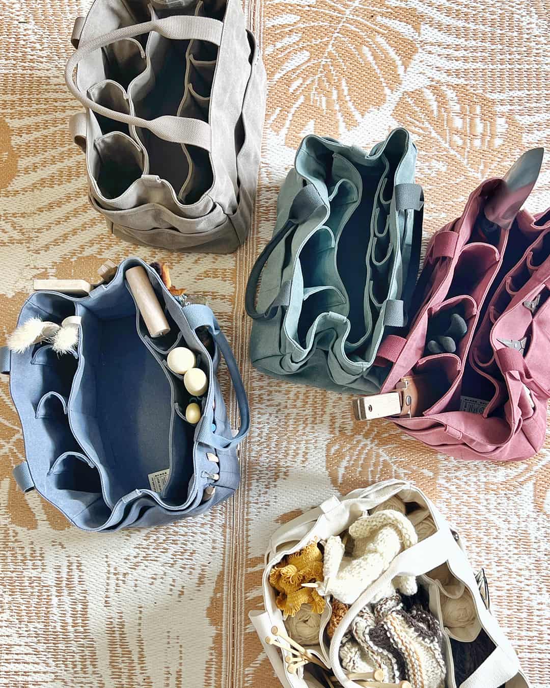 Top view of the Paperbark bag showing nine tall interior pockets in different sizes plus a central compartment that fits a tool rack, laptop or sketchbooks.